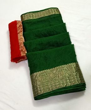 Green Plain Body Organza Saree