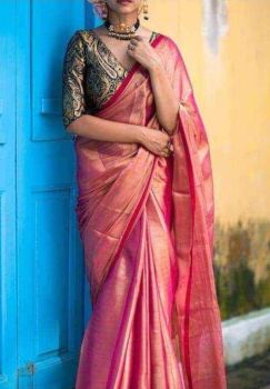 Dark Pink Pure Handloom Tissue Saree From Bengal