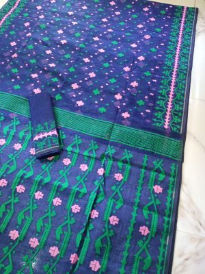 Navy Blue Pure Handloom Dhakai Jamdani Saree From Bengal