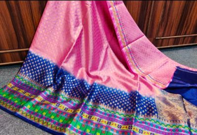 Baby Pink & Navy Blue Pure Silk Saree From Banaras