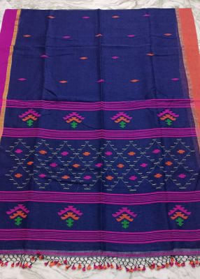 Navy Blue Pure Handloom Linen By Linen Saree From Bengal
