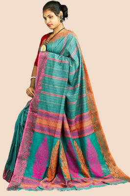 Aqua Blue Pure Handloom Cotton Saree From Bengal