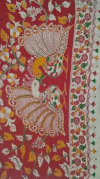 Light Red & Dark Blue Multicolour Kalamkari Cotton Saree
