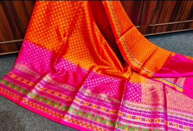 Orange & Pink Pure Silk Saree From Banaras