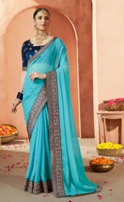 Aqua Blue Pure Handloom Georgette Saree From Banaras