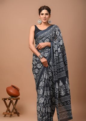 Charcoal Gray Pure Handloom Mulmul Saree From Bengal