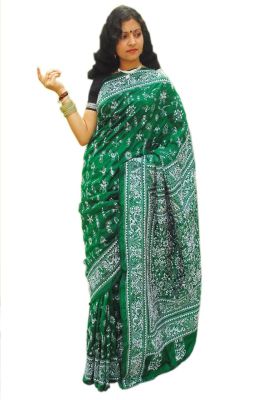 Forest Green Pure Handloom Kantha Stitch Saree From Bengal