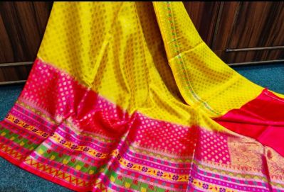 Yellow & Pink Pure Silk Saree From Banaras