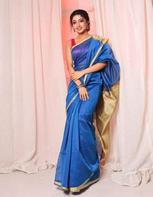 Royal Blue Pure Handloom Silk Cotton Saree From Bengal