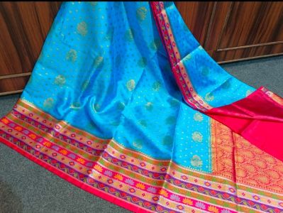 Sky Blue & Red Pure Silk Saree From Banaras