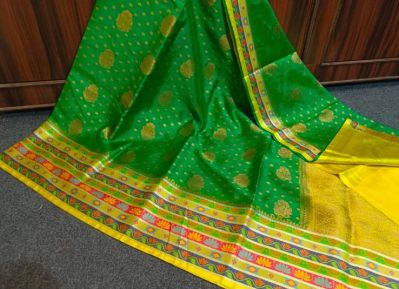 Green & Yellow Pure Silk Saree From Banaras