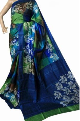 Navy Blue Pure Handloom Kantha Silk Saree From Bengal