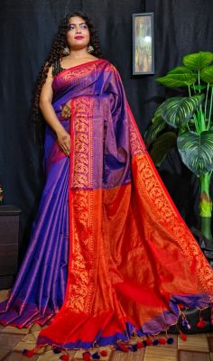 Royal Blue Pure Handloom Tissue Saree From Bengal