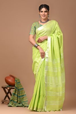 Parrot Green Pure Handloom Linen By Linen Saree From Bengal