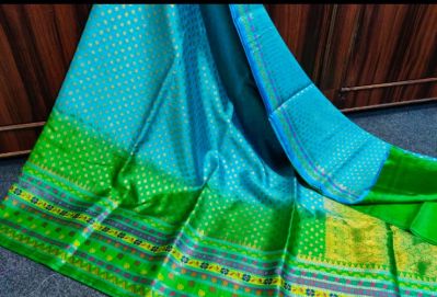 Blue & Parrot Green Pure Silk Saree From Banaras