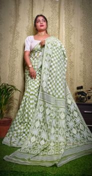 Mehandi Green Pure Handloom Dhakai Jamdani Cotton Saree From Bengal