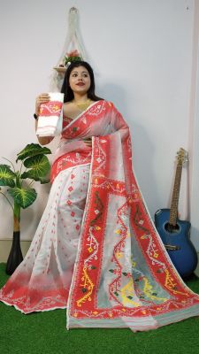 White Pure Handloom Dhakai Jamdani Saree From Bengal