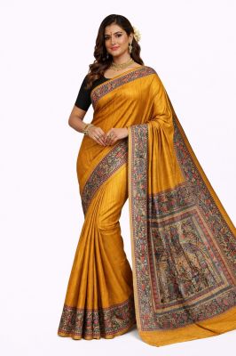 Mustard Yellow Traditional Madhubani Pure Handloom Women Tassar Silk Saree