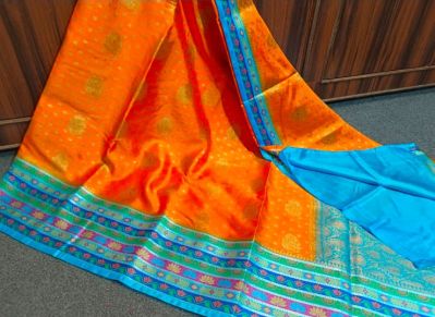 Orange & Blue Pure Silk Saree From Banaras