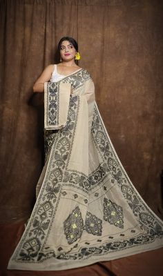 Brown Pure Handloom Dhakai Jamdani Saree From Bengal