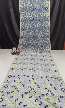 Blue Pure Handloom Muslin Dhakai Jamdani Cotton Saree From Bengal