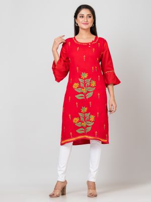Red Pure Handloom Kantha Stitch Kurti From Bengal