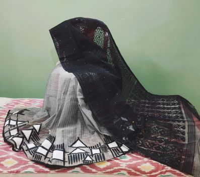 Black and Grey Pure Handloom Resham Kota Jamdani Flower Design Saree