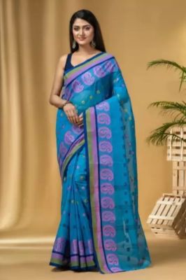 Sky Blue Pure Handloom Silk Cotton Saree From Banaras