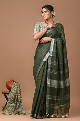 Bottle Green Pure Handloom Linen Cotton Saree From Bengal