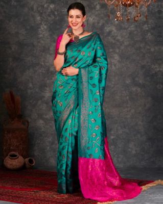 Aqua Blue Pure Handloom Banarasi Silk Saree From Banaras