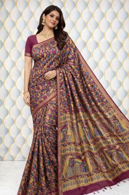 Multi Colour Pure Handloom Beautiful Katan Silk Ajrakh Print Saree From Bhagalpur