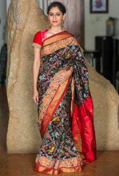 Black Red Flower Design Digital Print Cotton Saree