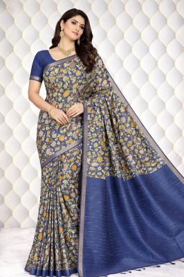 Blue Pure Handloom Beautiful Katan Silk Ajrakh Print Saree From Bhagalpur