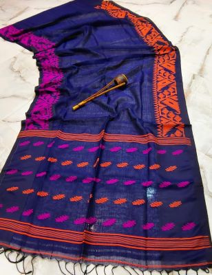 Navy Blue Pure Handloom Linen By Linen Saree From Bengal