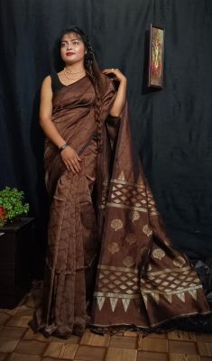 Coffee Brown Pure Handloom Silk Cotton Saree From Bengal