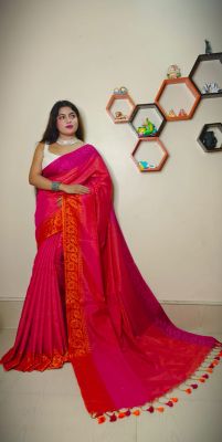 Persian Red Pure Handloom Tissue Silk Saree From Bengal