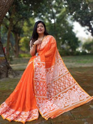 Orange Dhakai Jamdani Pure Handloom Cotton Saree From Bengal