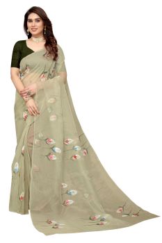 Olive Organza Hand Painted Floral Pattern Saree