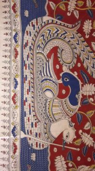 Yellow kalamkari saree with maroon border & colorful flower & bird design