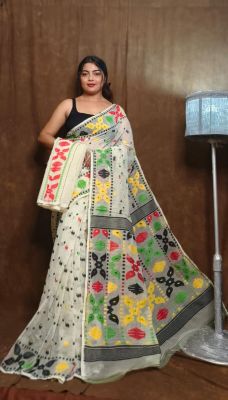 Off White Pure Handloom Dhakai Jamdani Saree From Bengal