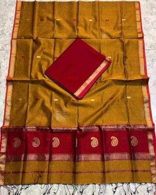 Golden Pure Handloom Maheshwari Silk Saree From Bengal