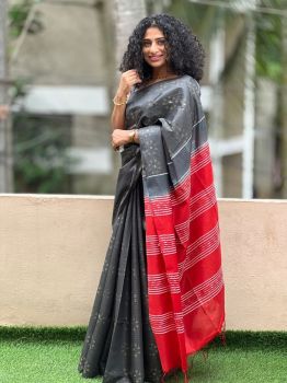 Charcoal Gray Pure Handloom Crafted Kota Silk Saree From Bhagalpur