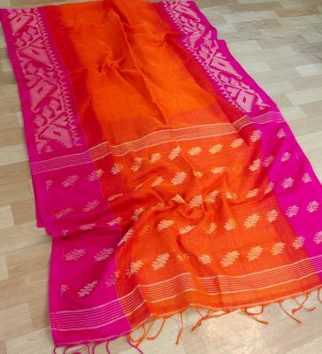 Orange Pink Pure Handloom Linen By Linen Saree From Bengal