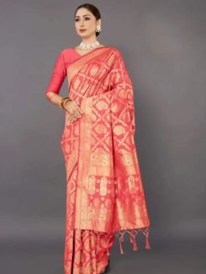 Coral Pink Pure Handloom Silk Cotton Saree From Banaras