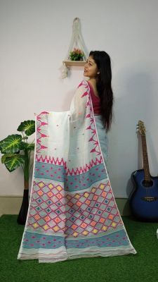 White Pure Handloom Dhakai Jamdani Saree From Bengal