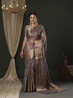 Charcoal Grey Pure Handloom Organza Saree