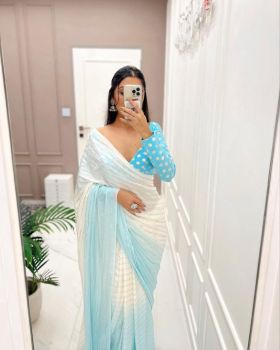 Sky Blue White Motifs Sequence Work Chiffon Silk Saree
