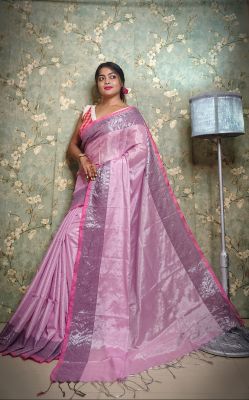 Rose Pink Pure Handloom Tissue Silk Saree From Bengal