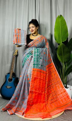 Gray Red Handloom Dhakai Jamdani Saree From Bengal