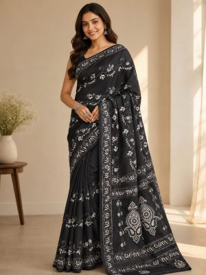 Black Pure Handloom Semi Silk Kanthastitch Saree From Bengal